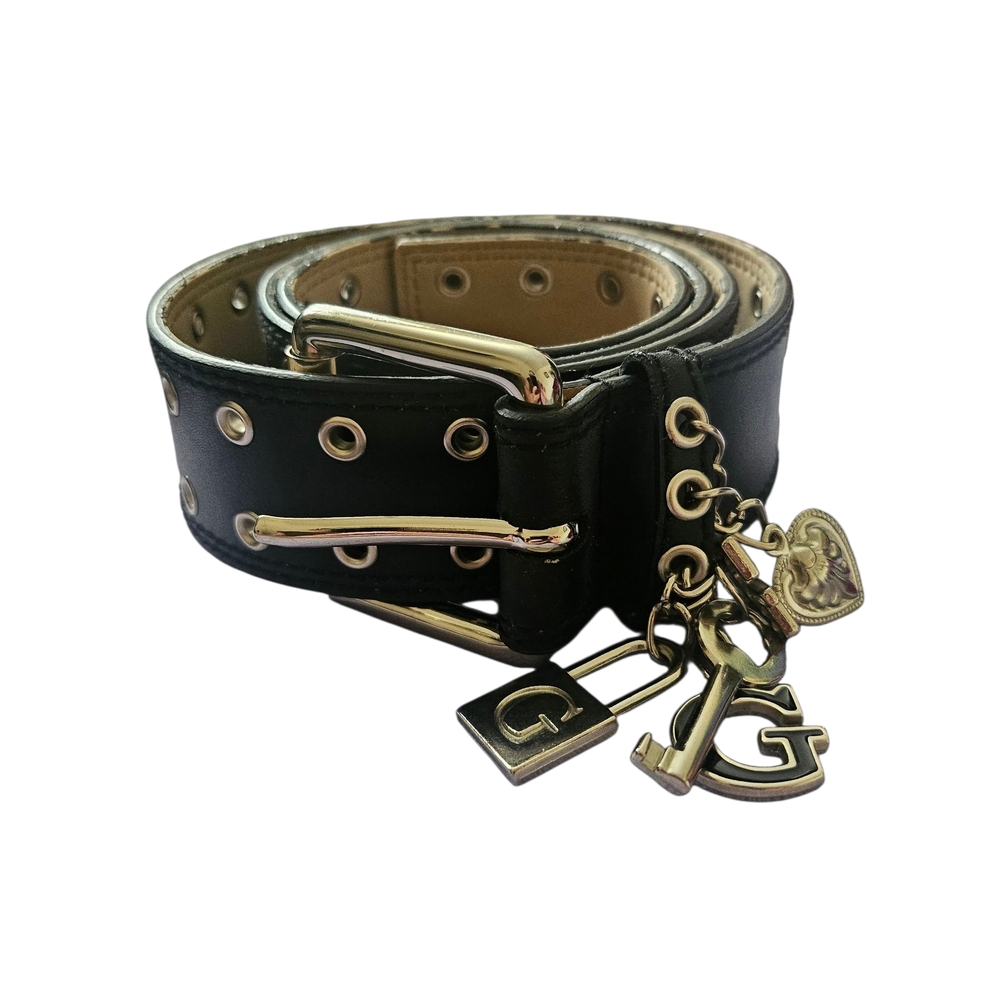 Guess Black Leather Grunge Grommet Belt Silver Charms, Size L